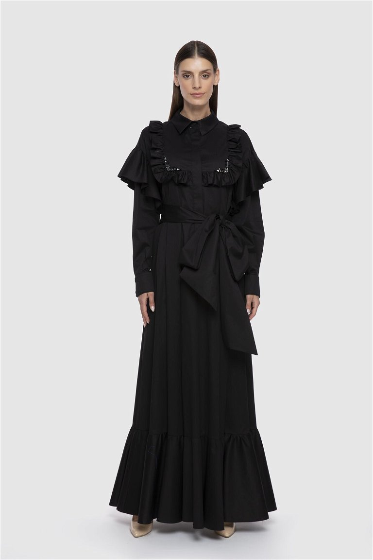 GIZIA - İşleme ve Pili Detaylı Uzun Siyah Elbise
