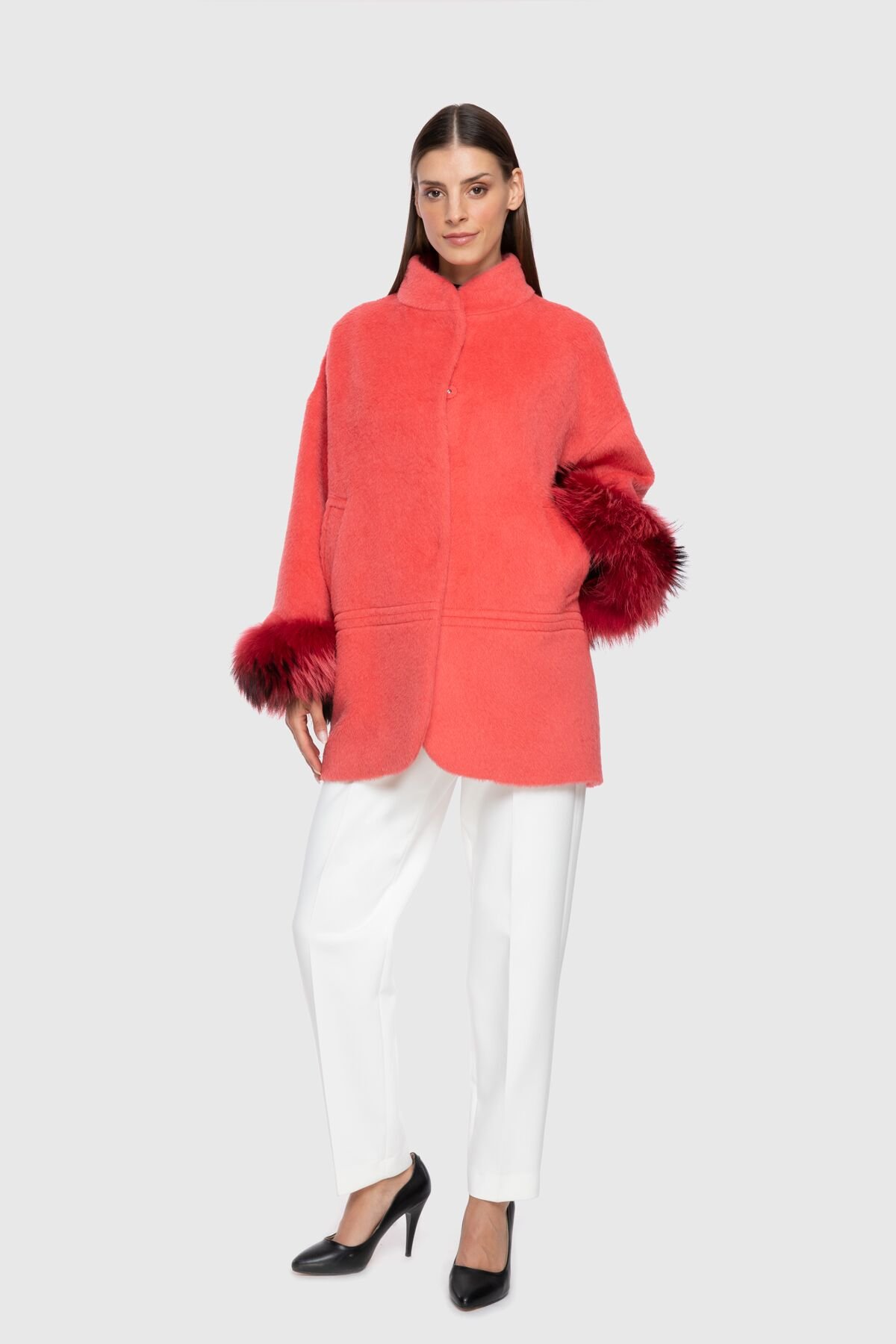 Fur Detail Wide Cut Red Cachet Coat with Sleeves