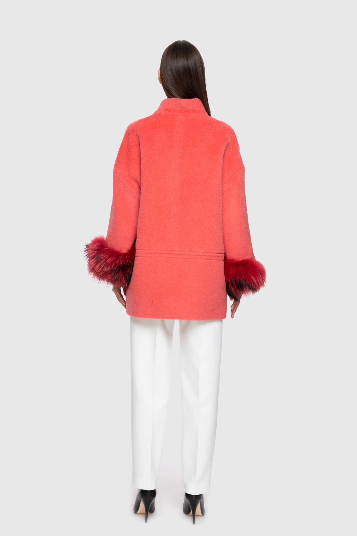 Fur Detail Wide Cut Red Cachet Coat with Sleeves