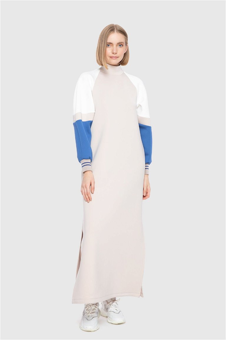 GIZIA - Nakış İşleme Detaylı Kontrast Garnili Uzun Bej Elbise