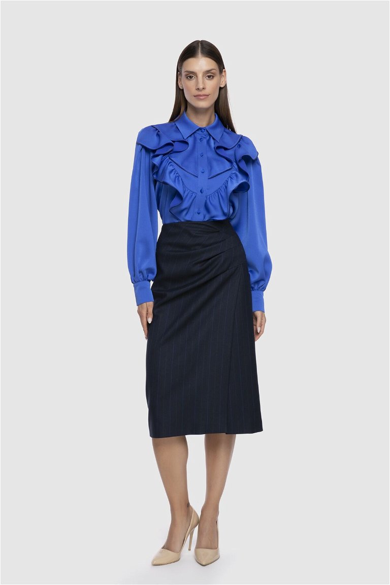 GIZIA - Asymmetrical Draped Detailed Navy Blue Pencil Skirt
