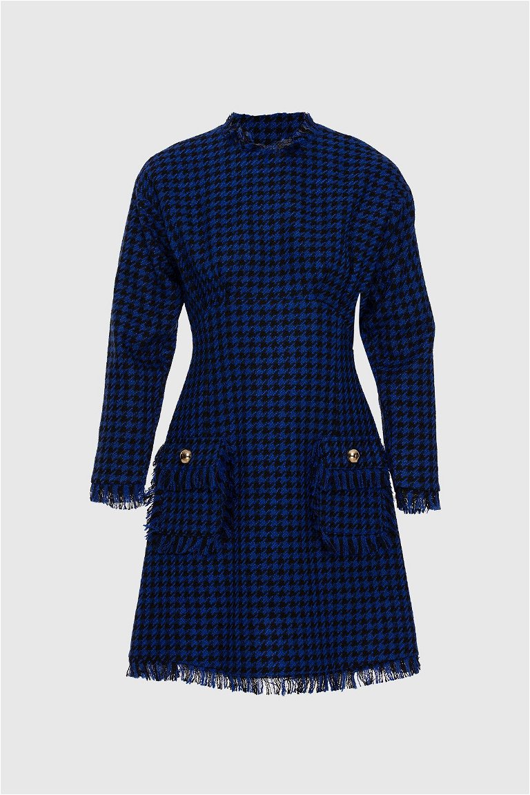 4G CLASSIC - Two Pockets Crowbar Patterned Navy Tweed Dress