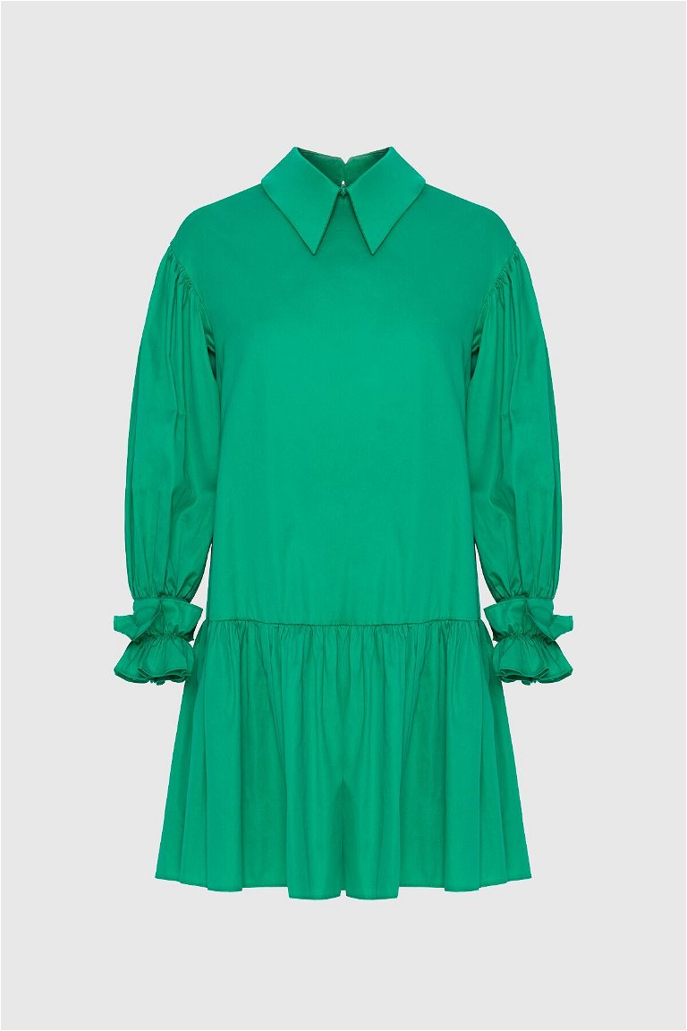 KIWE - Yaka Detaylı Uzun Kollu Mini Yeşil Elbise