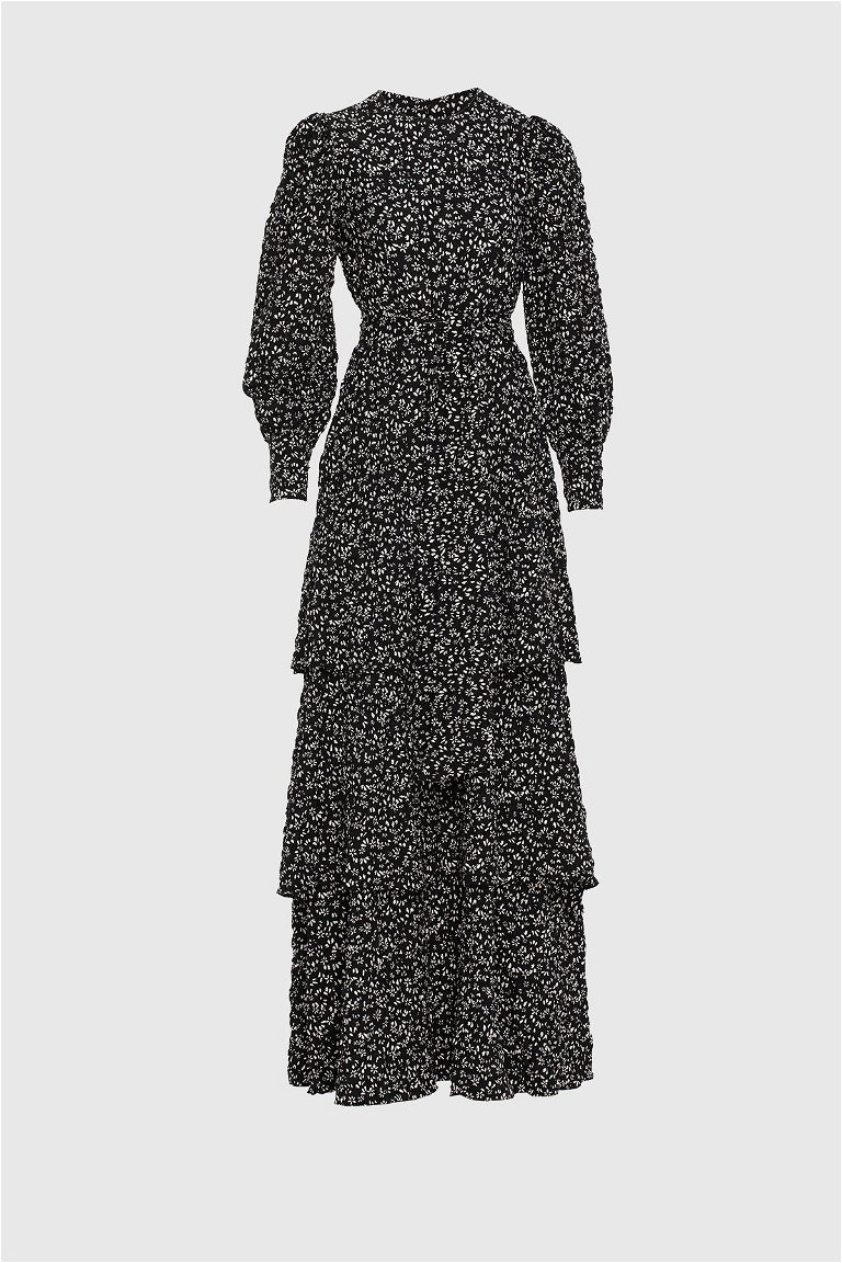 KIWE - Contrast Patterned Long Cuff Belted Crew Neck Long Black Satin Dress