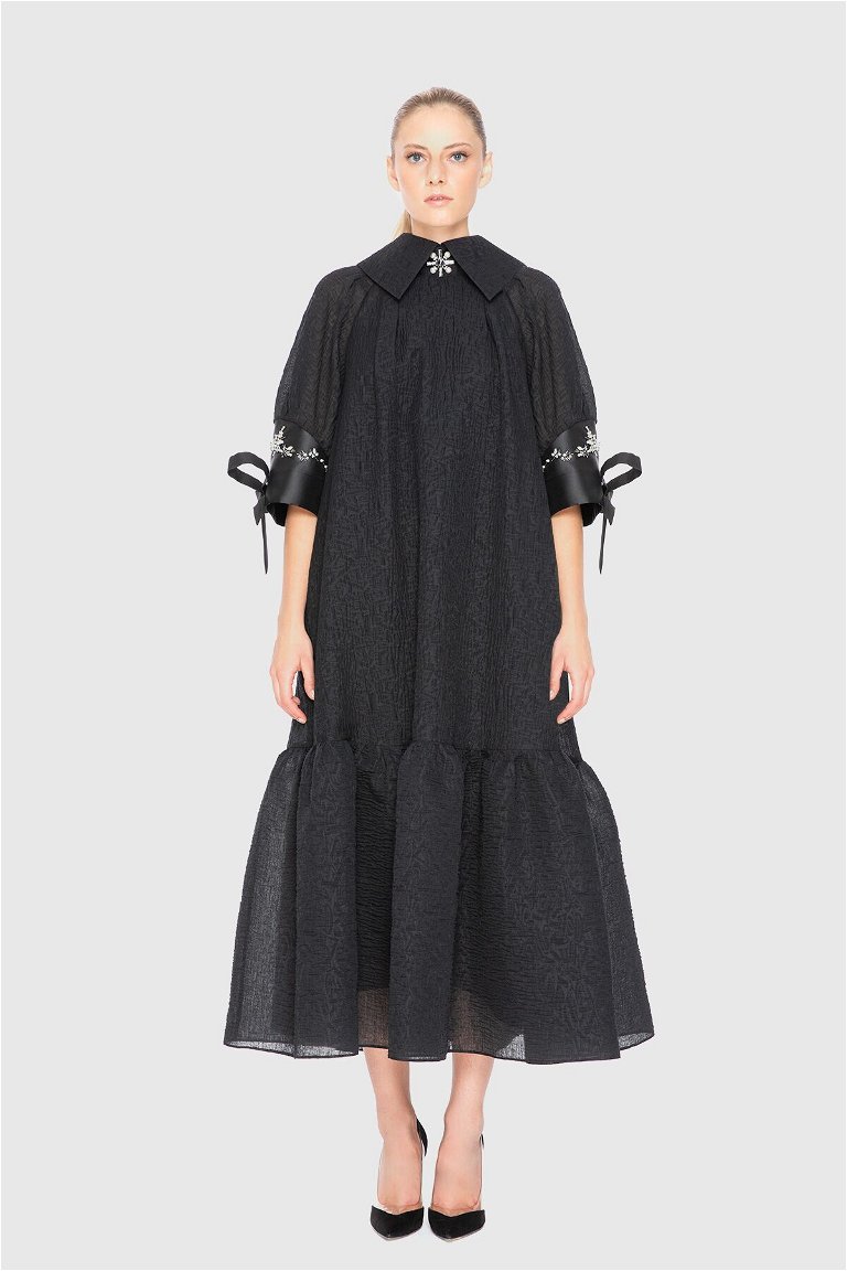 GIZIA - Transparent Embroidered Detailed Ankle Length Black Dress