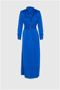 KIWE - Degaje Yaka Uzun Kollu Mavi Midi Elbise