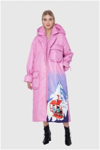 MANI MANI - Pink Puffer Jacket with Flap Pocket and Colorful Print Detail