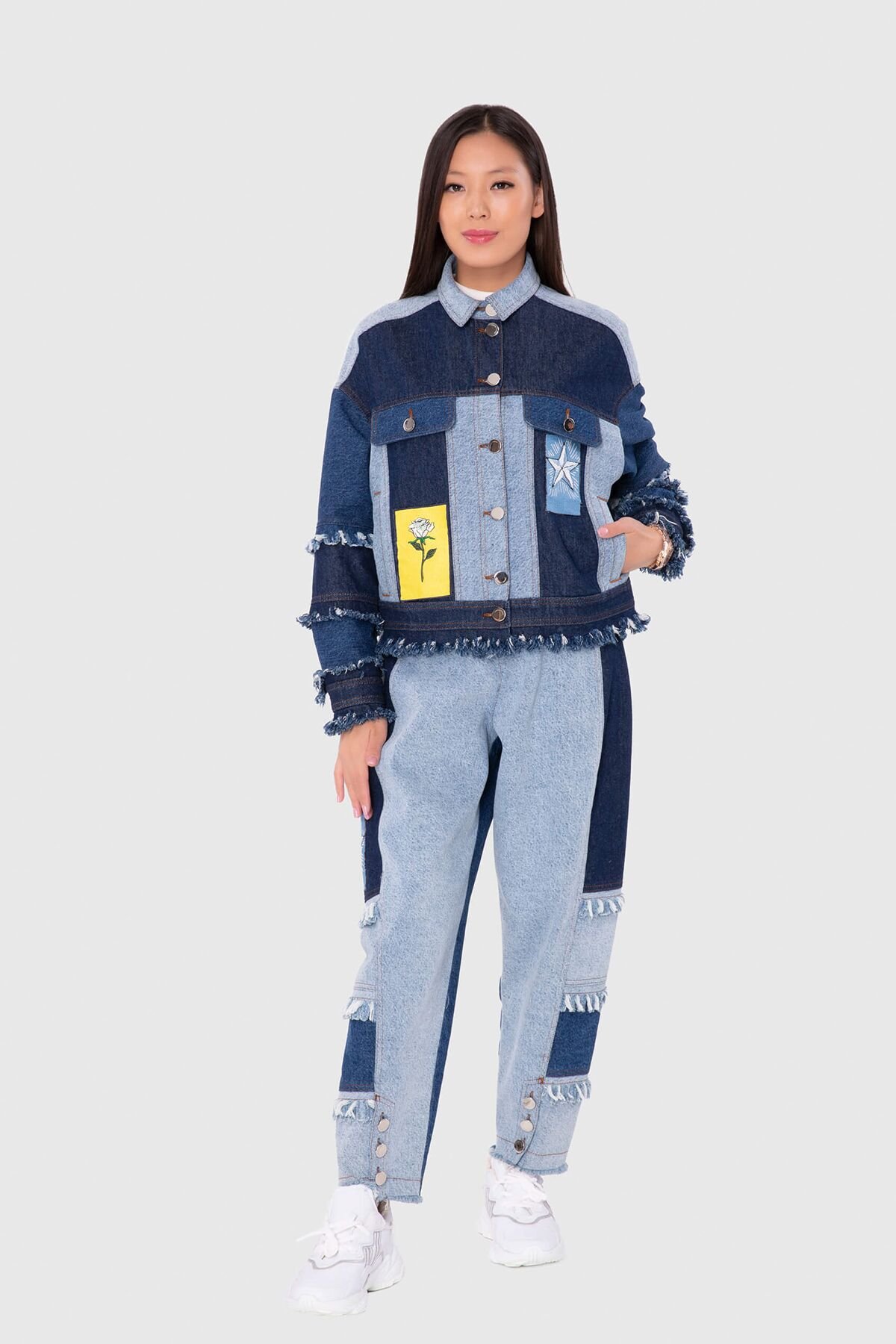 Nakış Jakron Ve Püskül Detaylı İki Renkli Jean Ceket