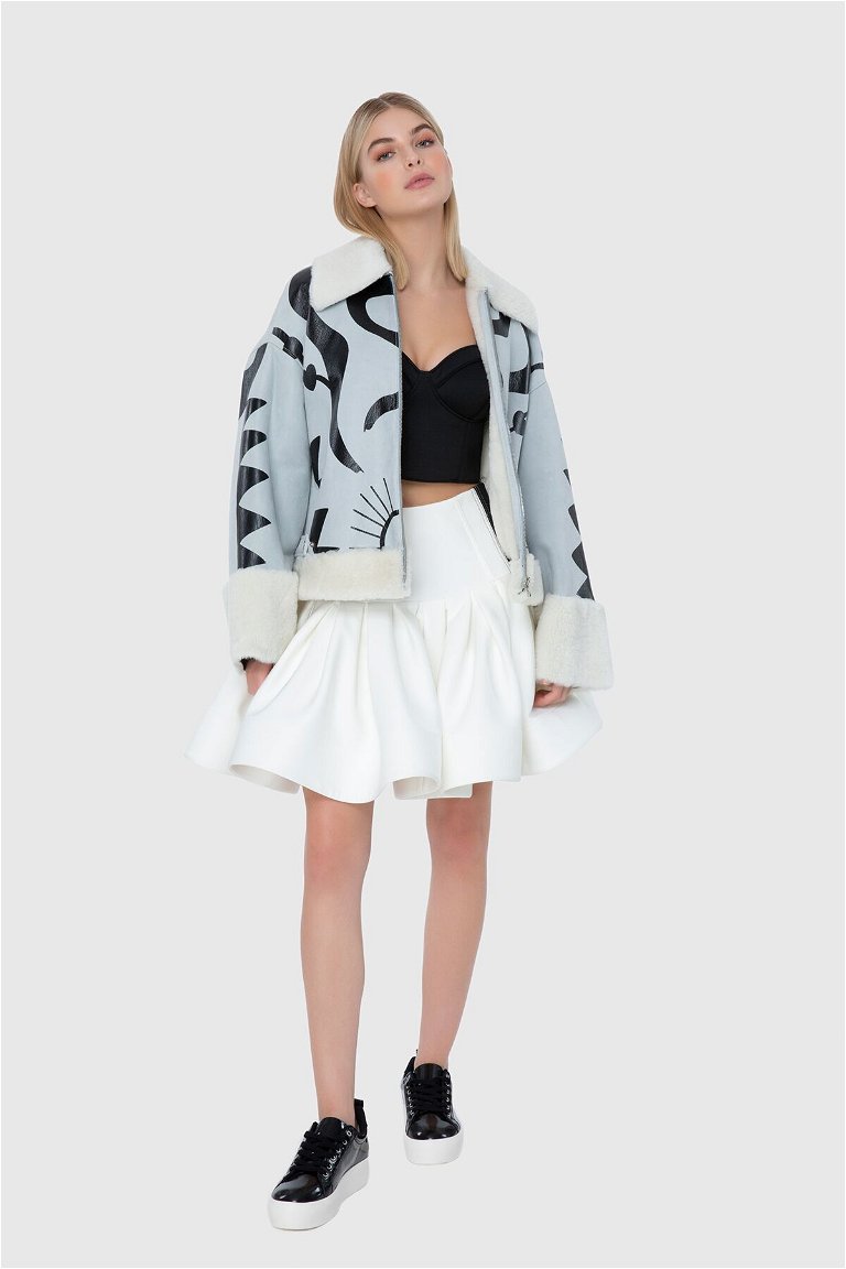 MANI MANI - Printed On Leather Fur Collar And Cuff Detailed Jacket