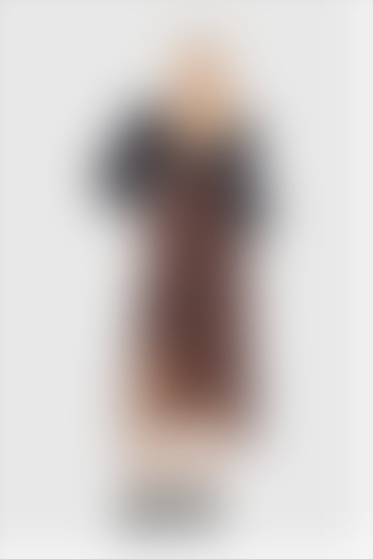 Jean Garni Detaylı Ekoseli Kare Yaka Midi Siyah Elbise