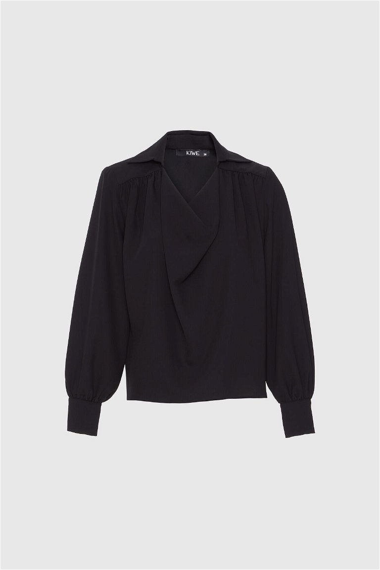 KIWE - Degaje Yaka Vatkalı Dökümlü Siyah Bluz