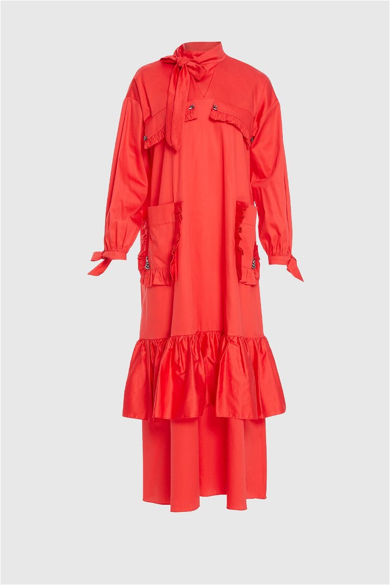 GIZIA - فستان بوبلين أحمر طويل مزين بطبقات
