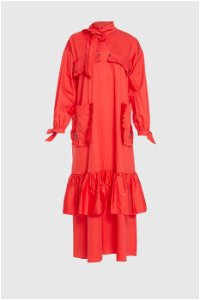 GIZIA - İşleme Detaylı Etek Kısmı Kat Kat Uzun Kırmızı Poplin Elbise