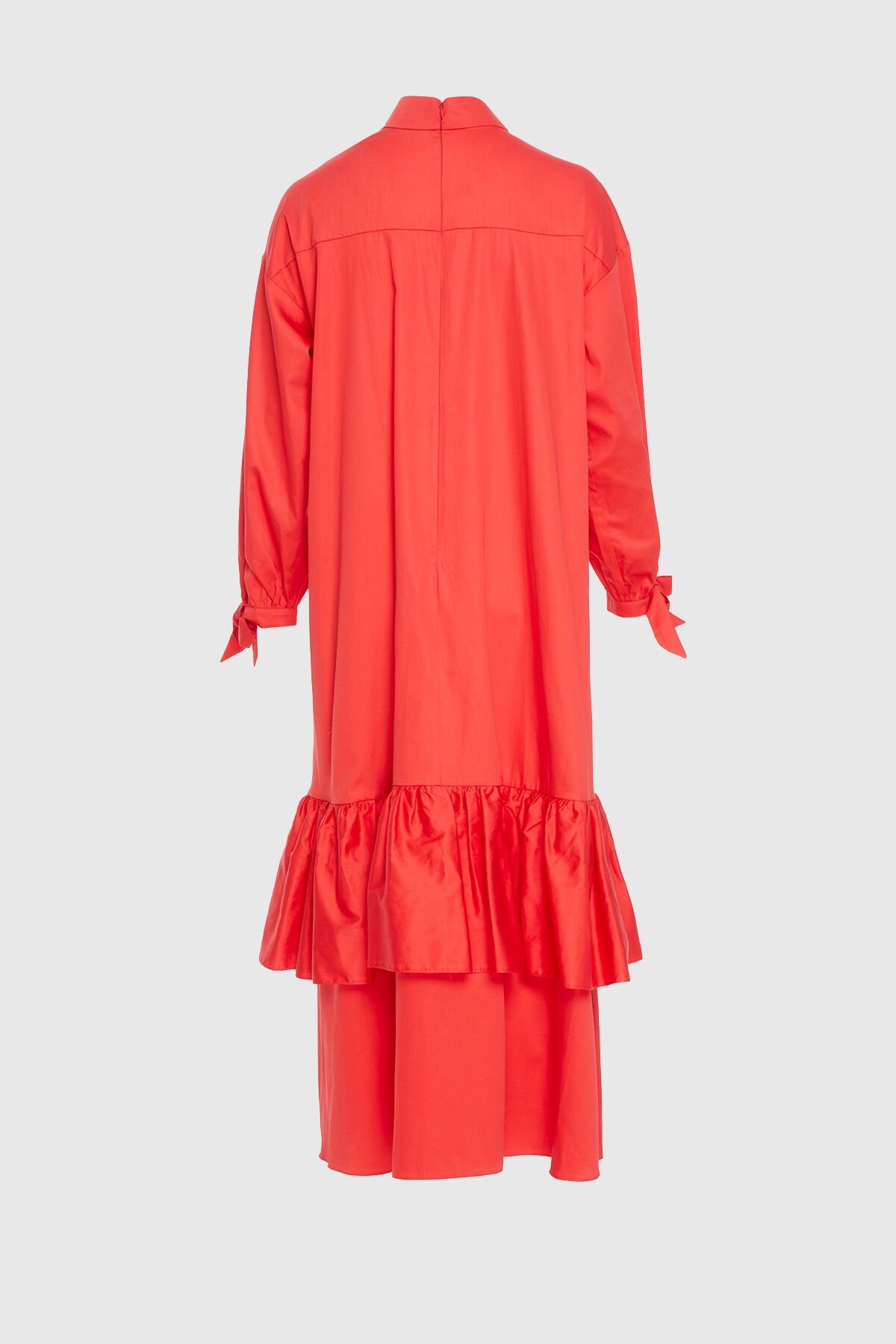İşleme Detaylı Etek Kısmı Kat Kat Uzun Kırmızı Poplin Elbise
