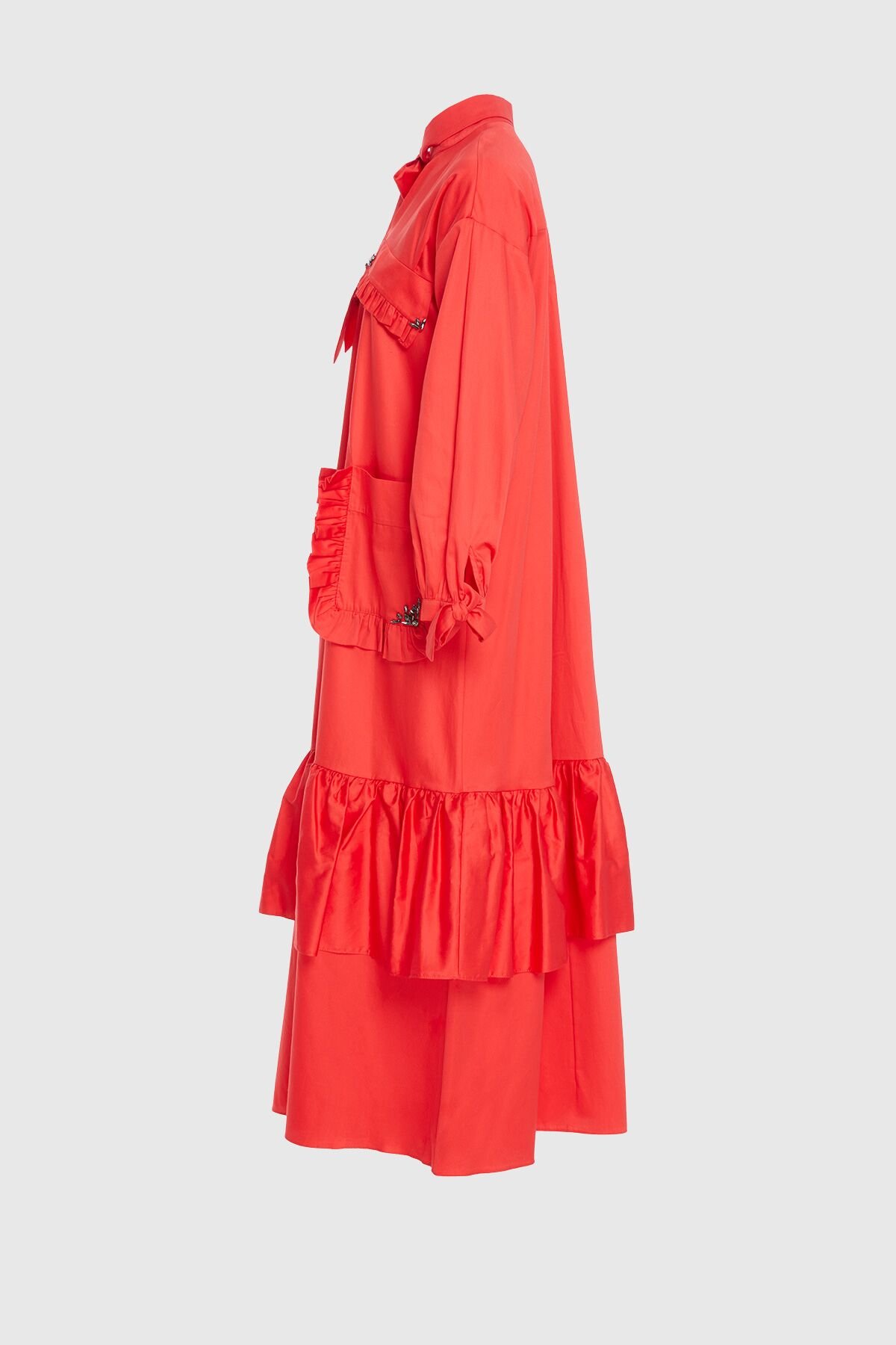 İşleme Detaylı Etek Kısmı Kat Kat Uzun Kırmızı Poplin Elbise