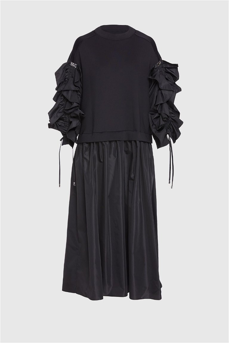 GIZIA - Volanlı Kontrast Kumaş Garnili Siyah Uzun Elbise