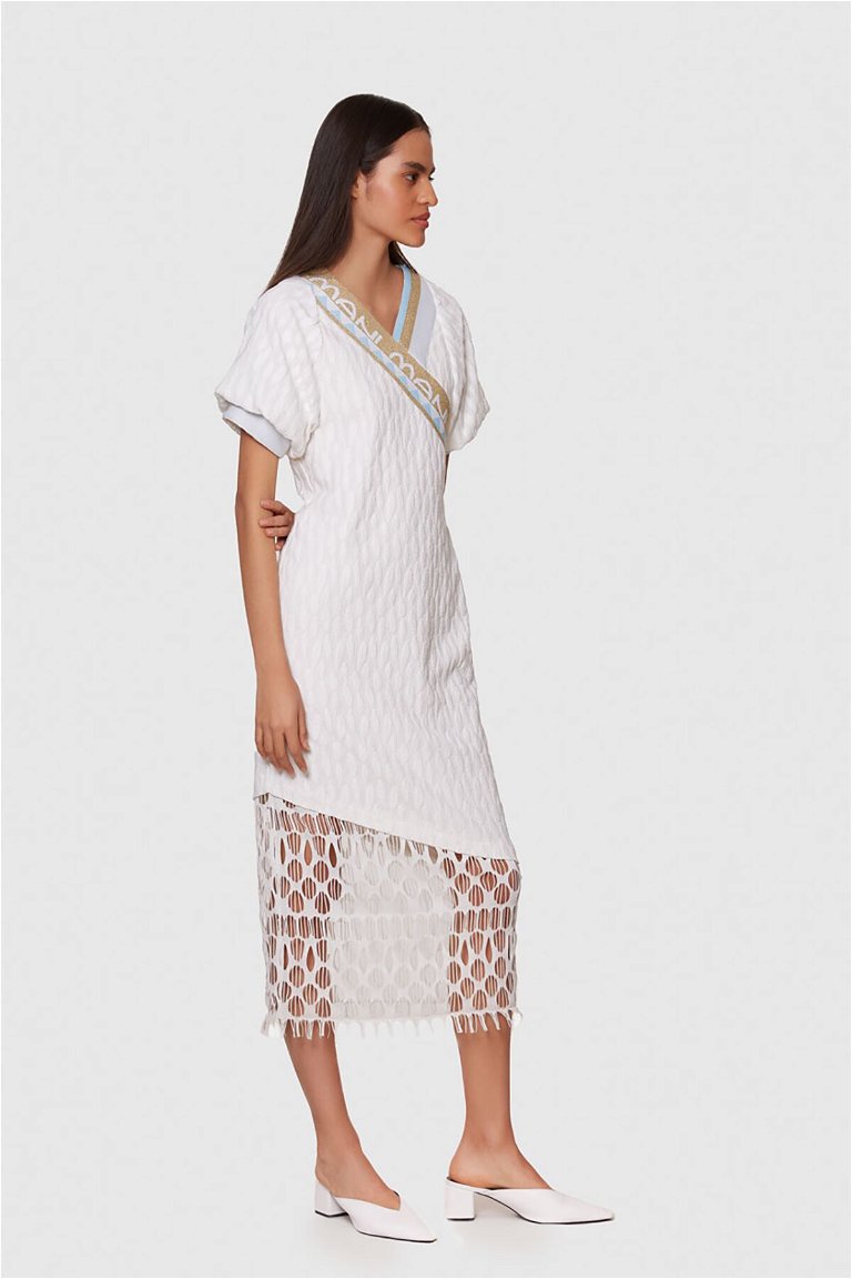 MANI MANI - Triko Yazılı Beyaz Midi Elbise