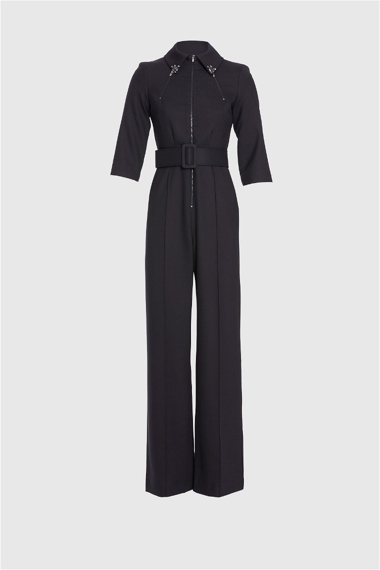 GIZIA - Zipper and Embroidery Detailed Black Jumpsuit