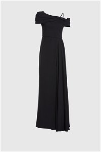 GIZIA - Tek Omuzlu Pile Detaylı Askılı Uzun Siyah Abiye Elbise