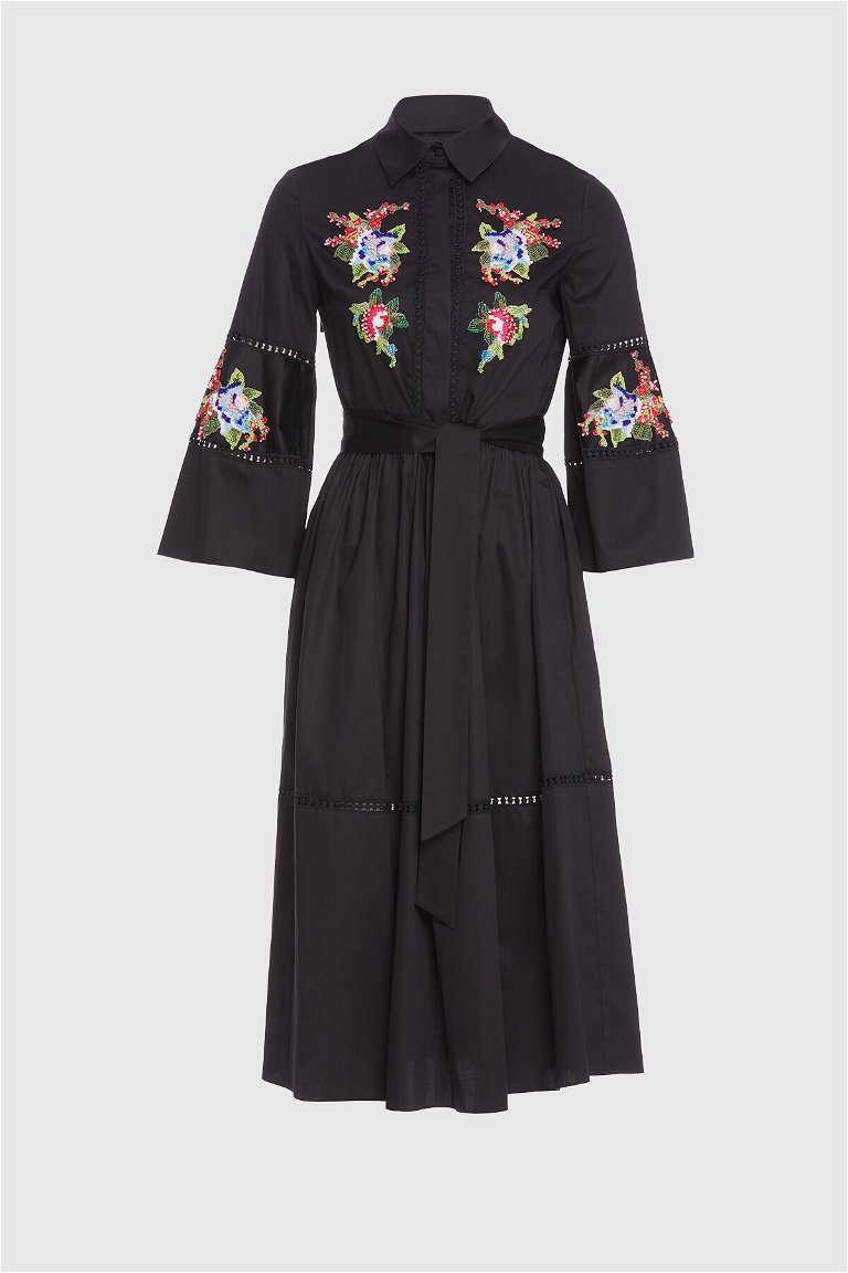 GIZIA - Embroidered Detailed Long Black Dress