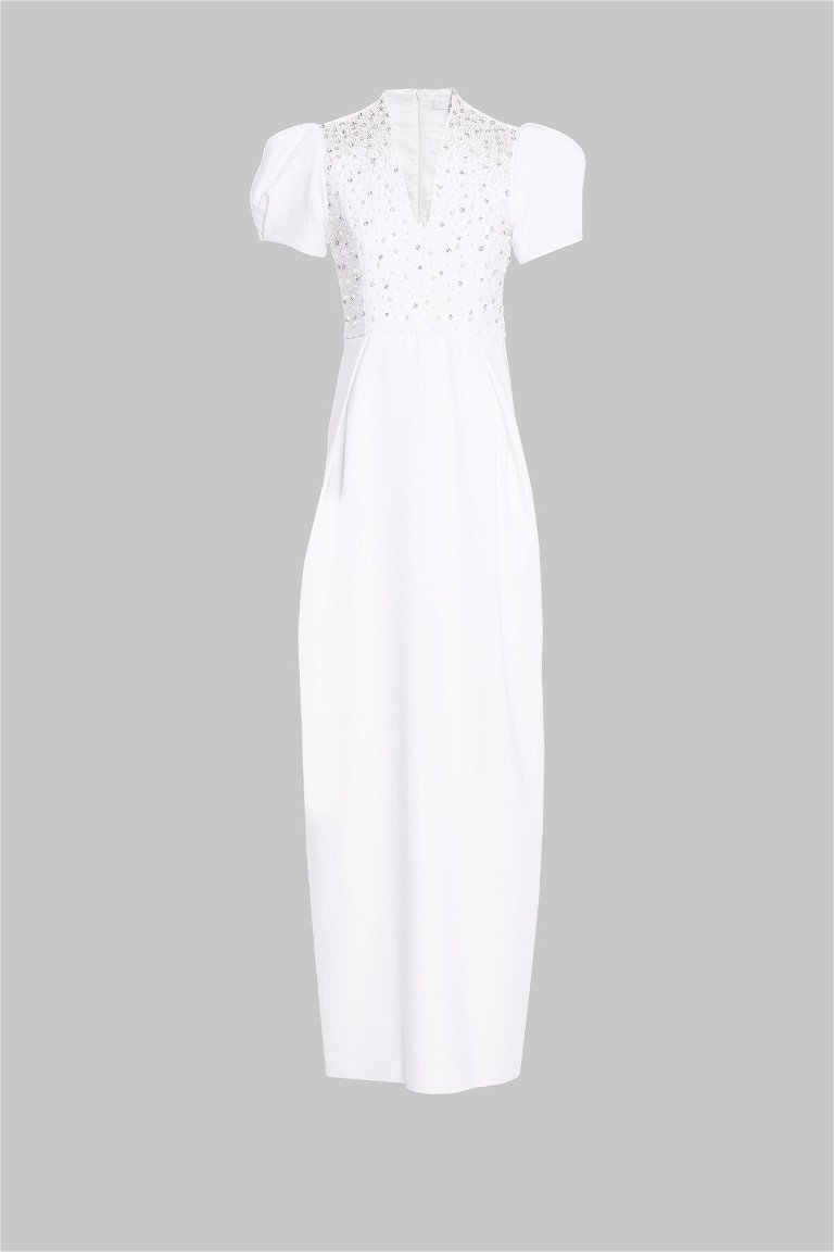 GIZIA - V Neck Stone Pearl Embroidered Long Ecru Evening Dress