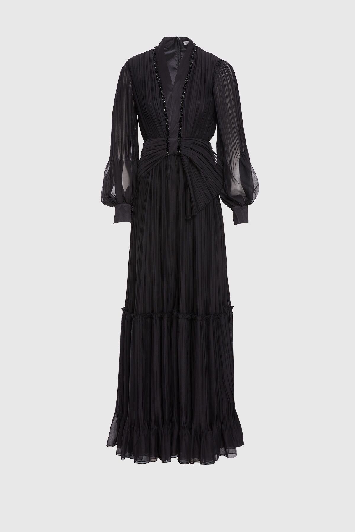V Yaka Pilise Detaylı Siyah Uzun Abiye Elbise
