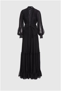 GIZIA - V Yaka Pilise Detaylı Siyah Uzun Abiye Elbise