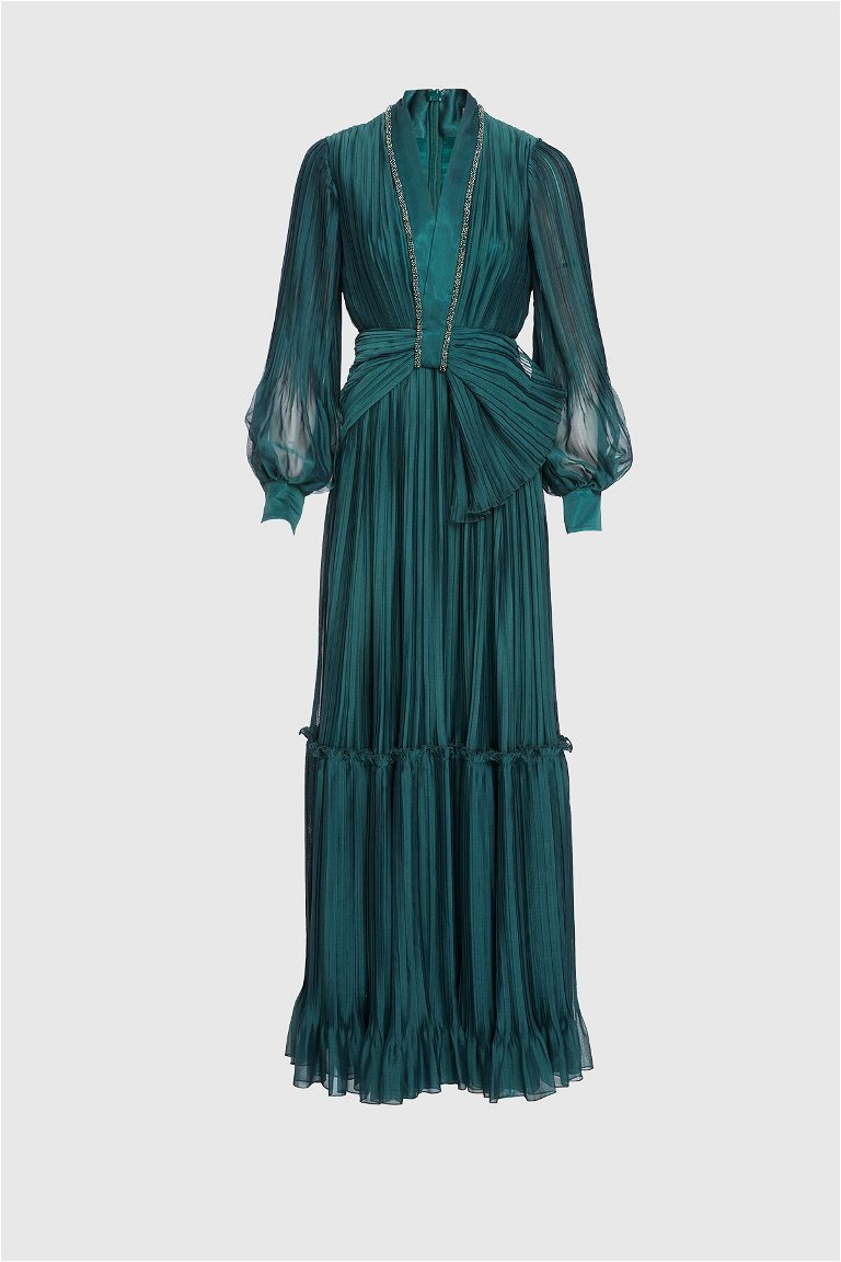 GIZIA - V Neck Pleated Detailed Green Long Evening Dress