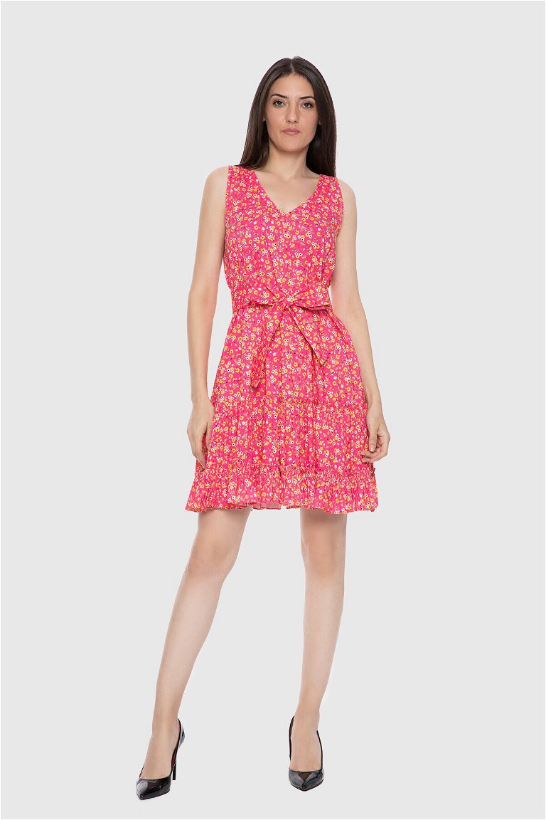 KIWE - Floral Patterned Pink V-Neck Mini Dress