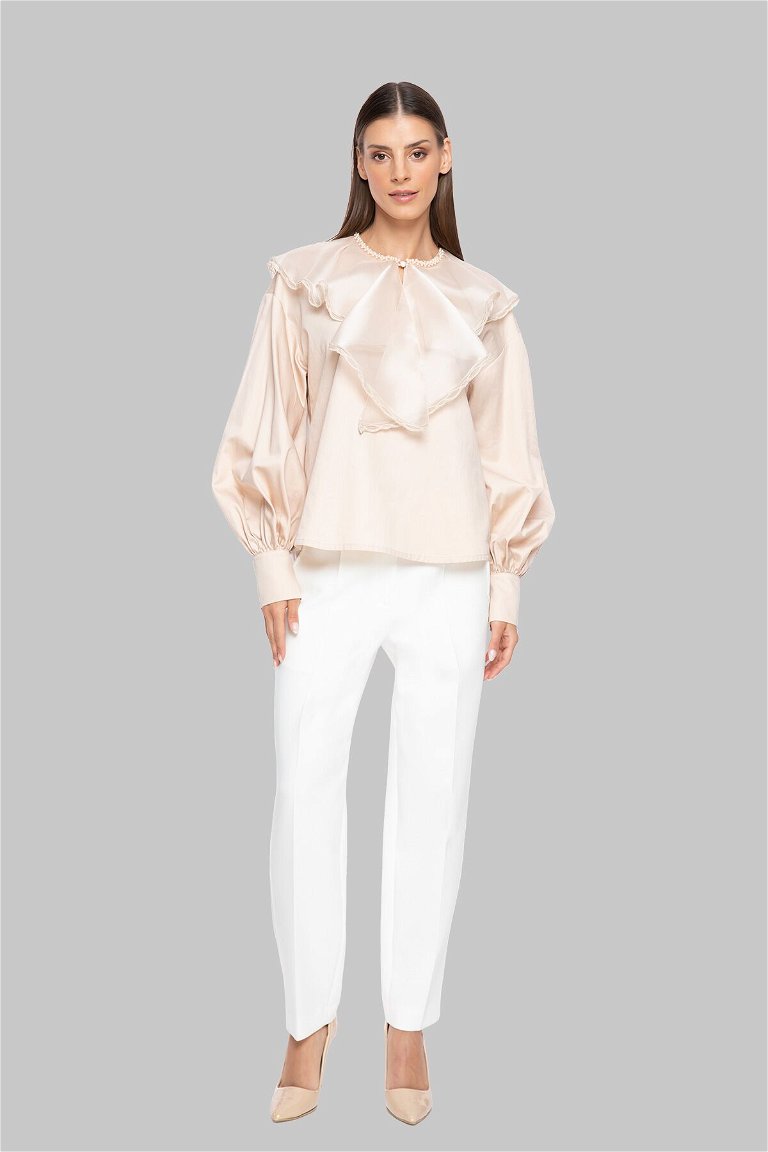 GIZIA - With Flywheel Collar Embroidered And Lace Beige Blouse