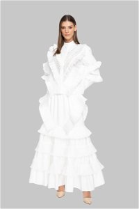 GIZIA - Stand-Up Collar Ecru Shirt With Lace And Organza Pleat Detail