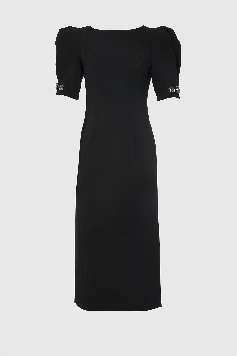 GIZIA - With Embroidered Sleeves Midi Length Classic Black Cocktail Dress