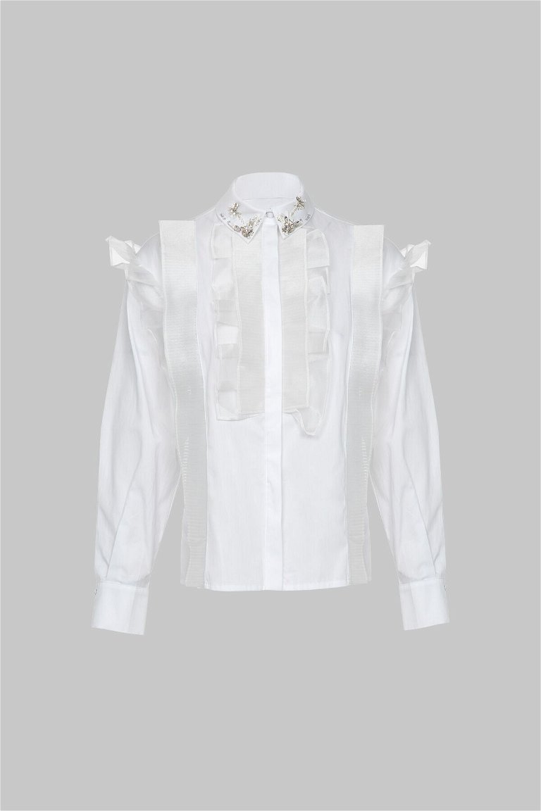 GIZIA - Fırfır Detaylı İşlemeli Beyaz Bluz