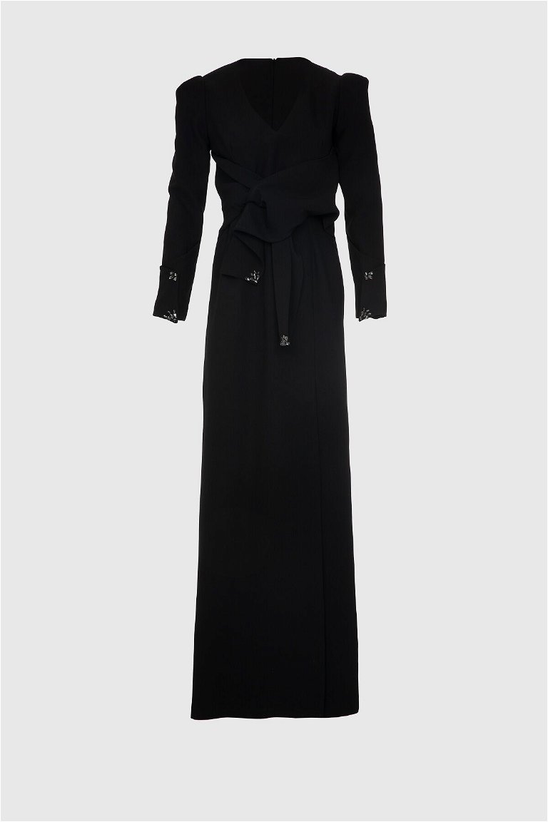 GIZIA - Bağlama Detaylı Siyah Uzun Abiye Elbise