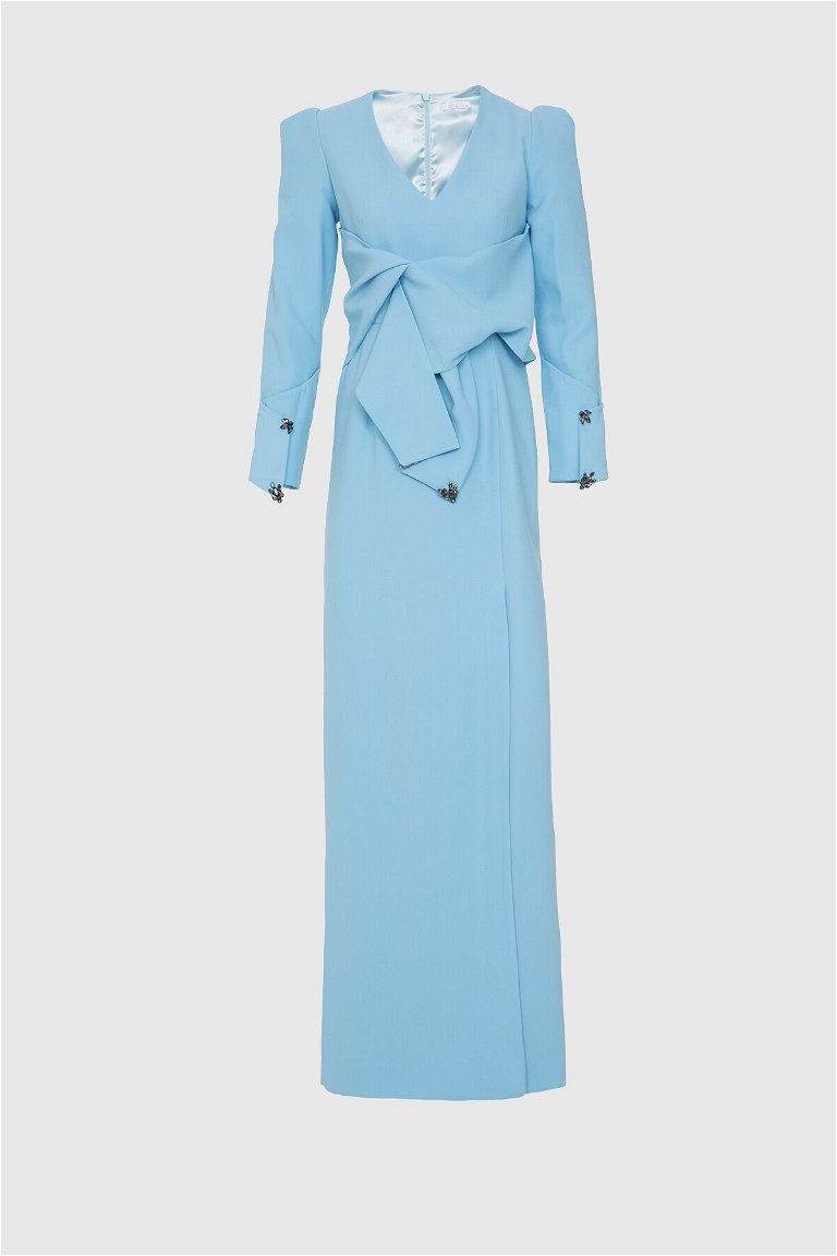 GIZIA - فستان سهرة طويل أزرق مزين بربطة