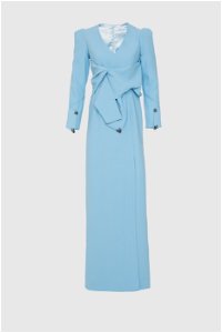 GIZIA - Bağlama Detaylı V Yaka Uzun Mavi Abiye Elbise