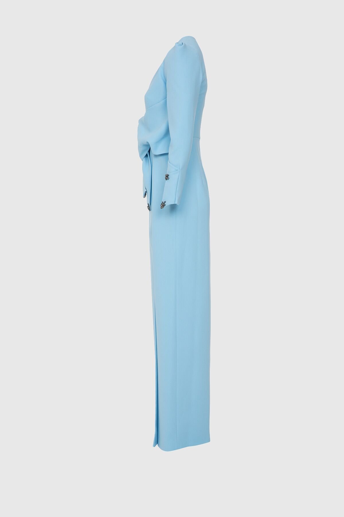 Bağlama Detaylı Mavi Uzun Abiye Elbise