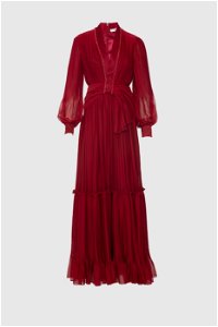 GIZIA - V Neck Detailed Pleated Red Long Evening Dress