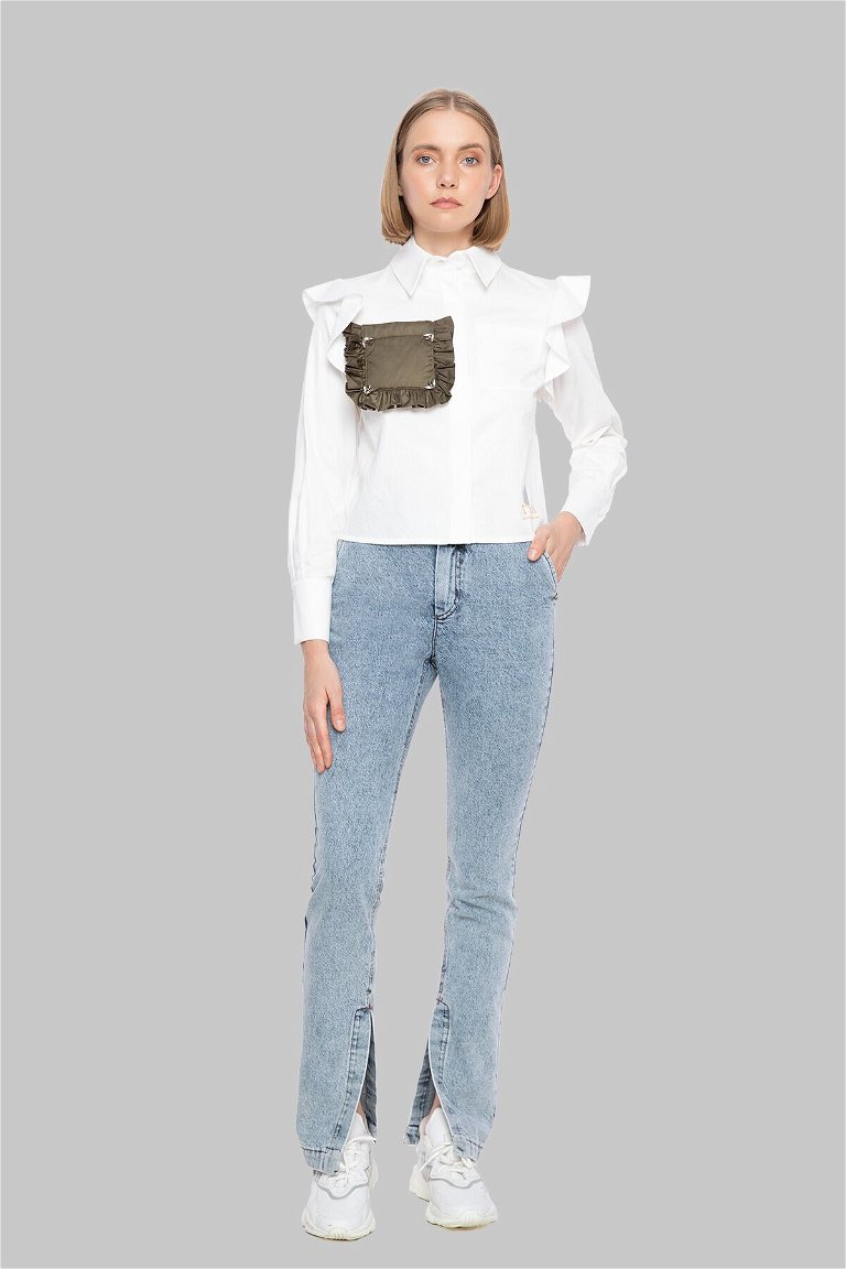 GIZIA - With Pocket Embroidered Raincoat Fabric Ecru Poplin Shirt 