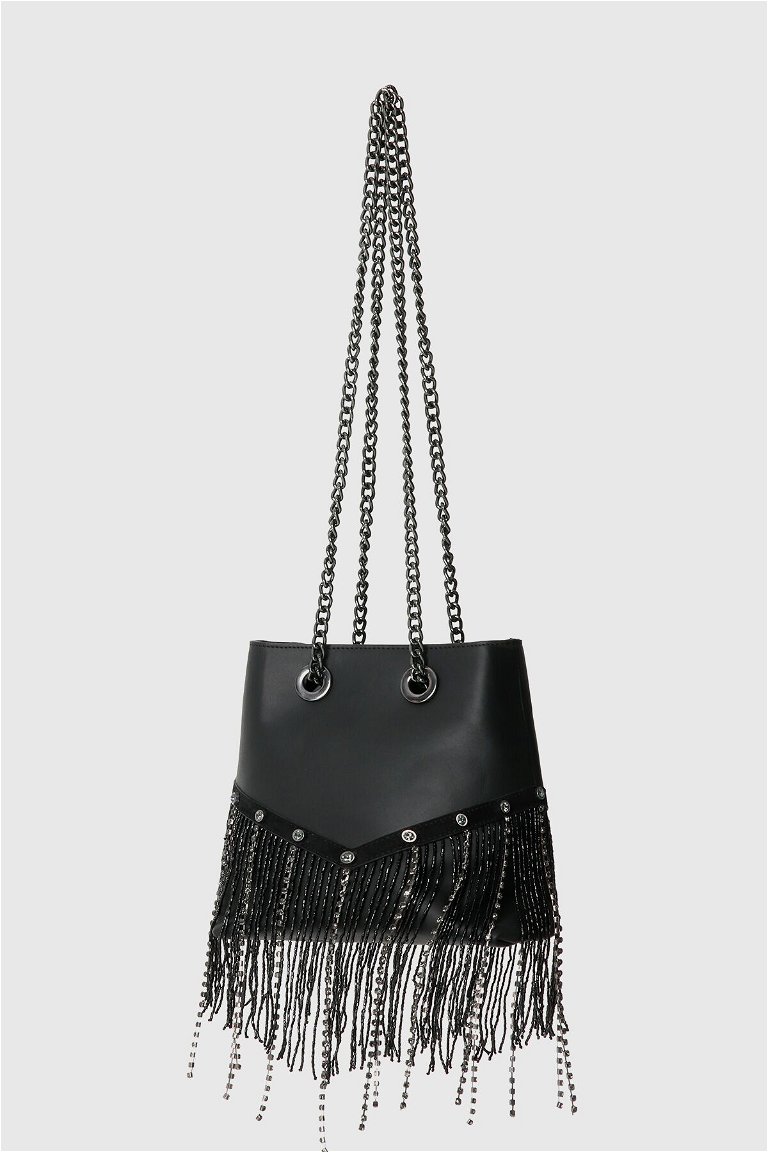 GIZIA - Embroidered And Tasseled Black Leather Bag