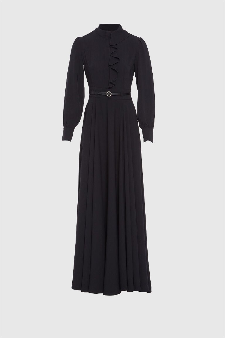 KIWE - Kemer Detaylı Siyah Uzun Elbise