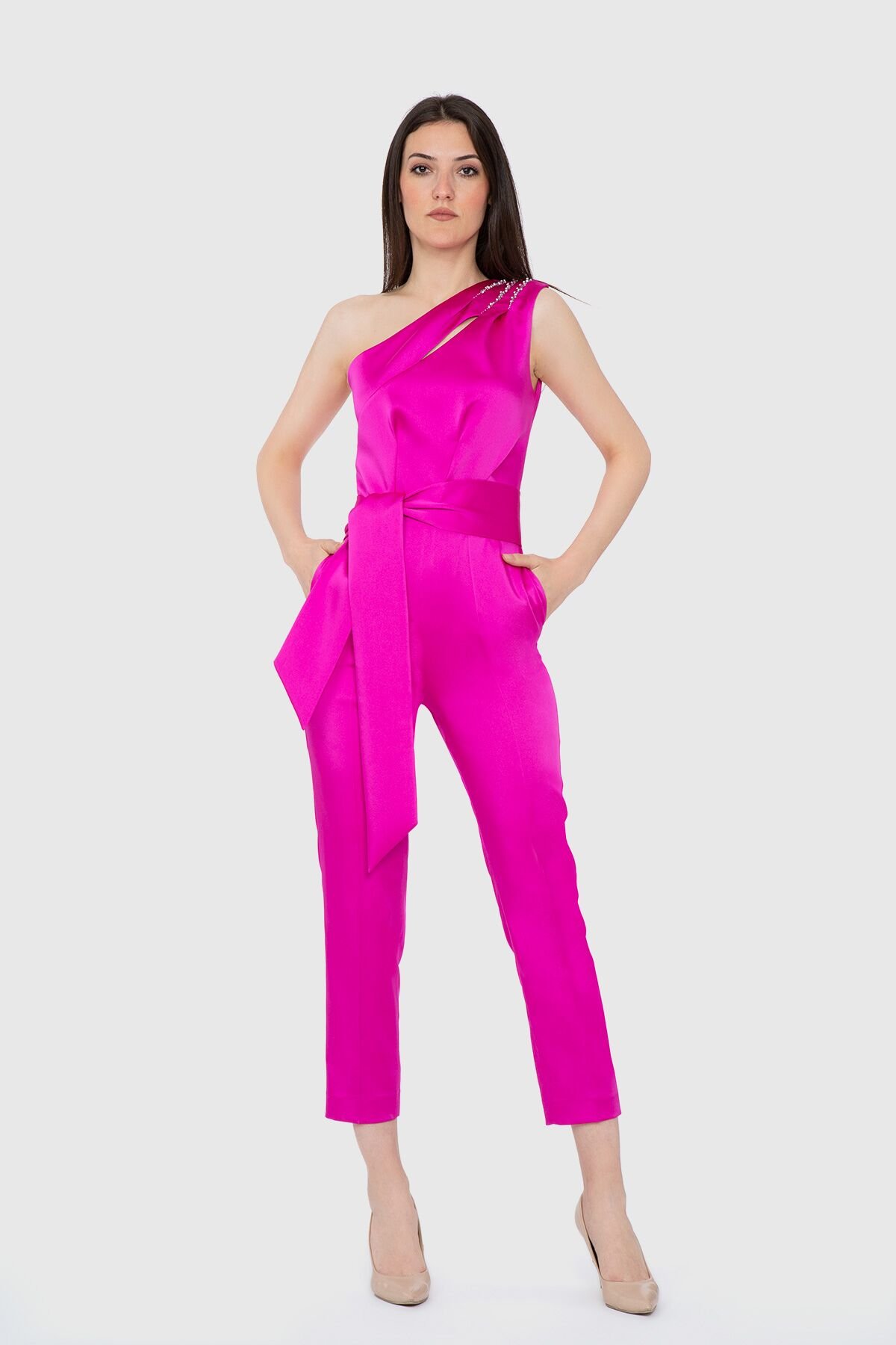 Fuchsia Jumpsuit with Stone Embroidered Belt