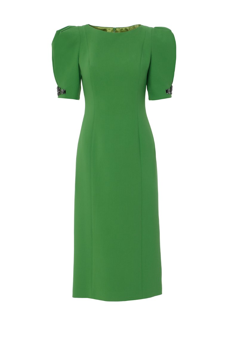 GIZIA - With Embroidered Sleeves Midi Length Classic Green Cocktail Dress