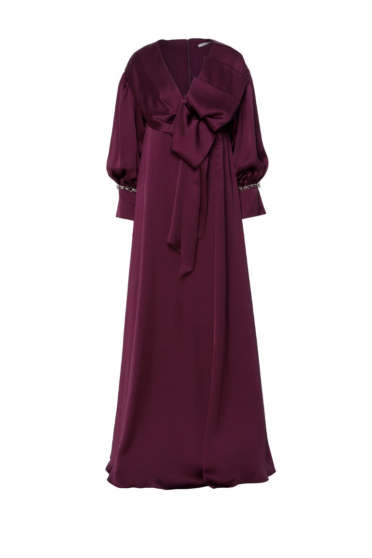 GIZIA - Bow Detailed V Neck Flowy Long Purple Evening Dress