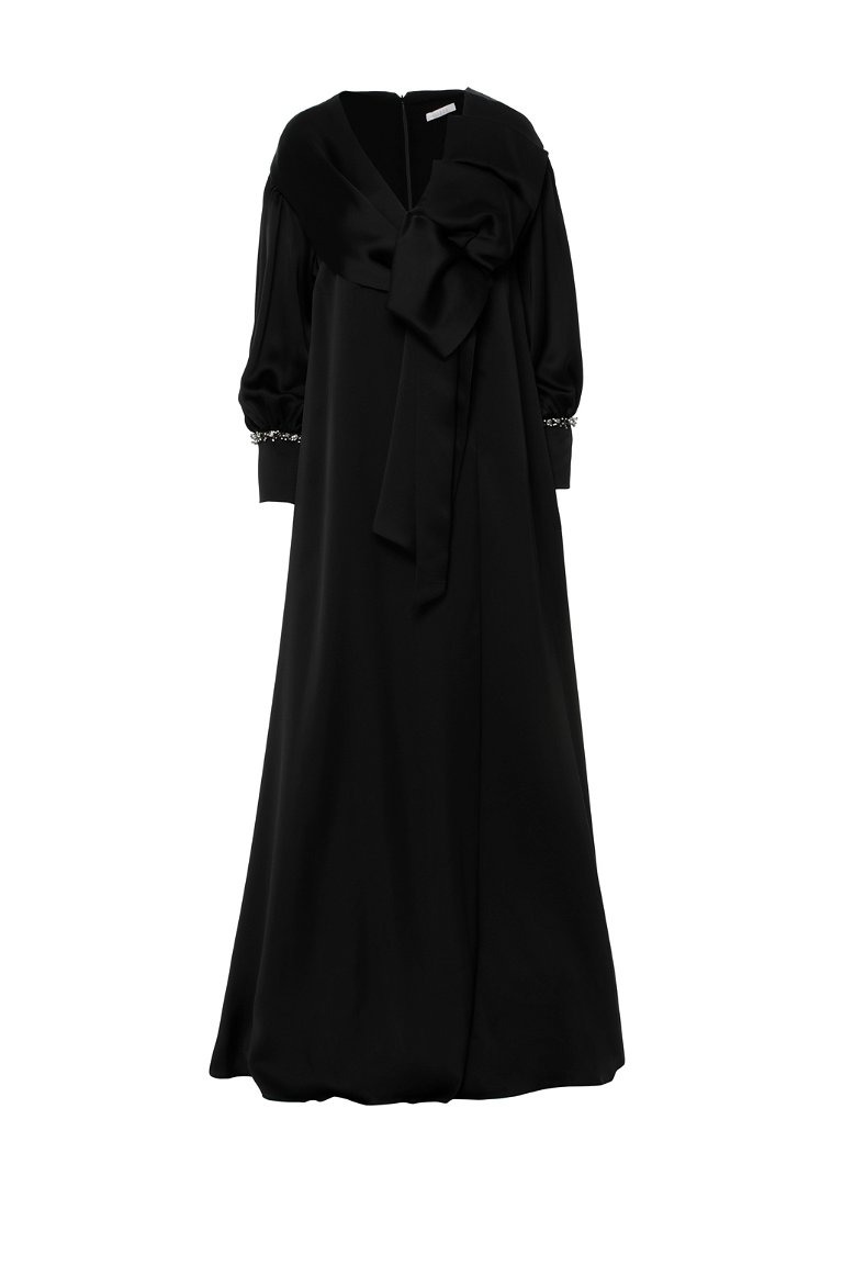 GIZIA - Bow Detailed V Neck Flowy Long Black Evening Dress