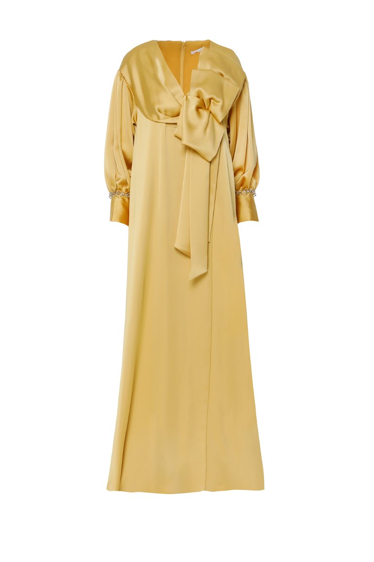 GIZIA - Fiyonk Detaylı V Yaka Dökümlü Uzun Sarı Abiye Elbise