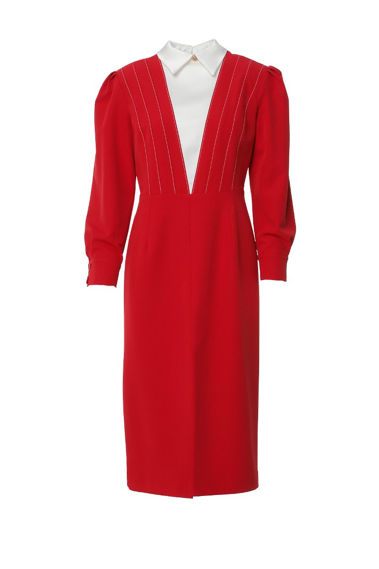4G CLASSIC - Shirt Collar Detailed Red Midi Dress