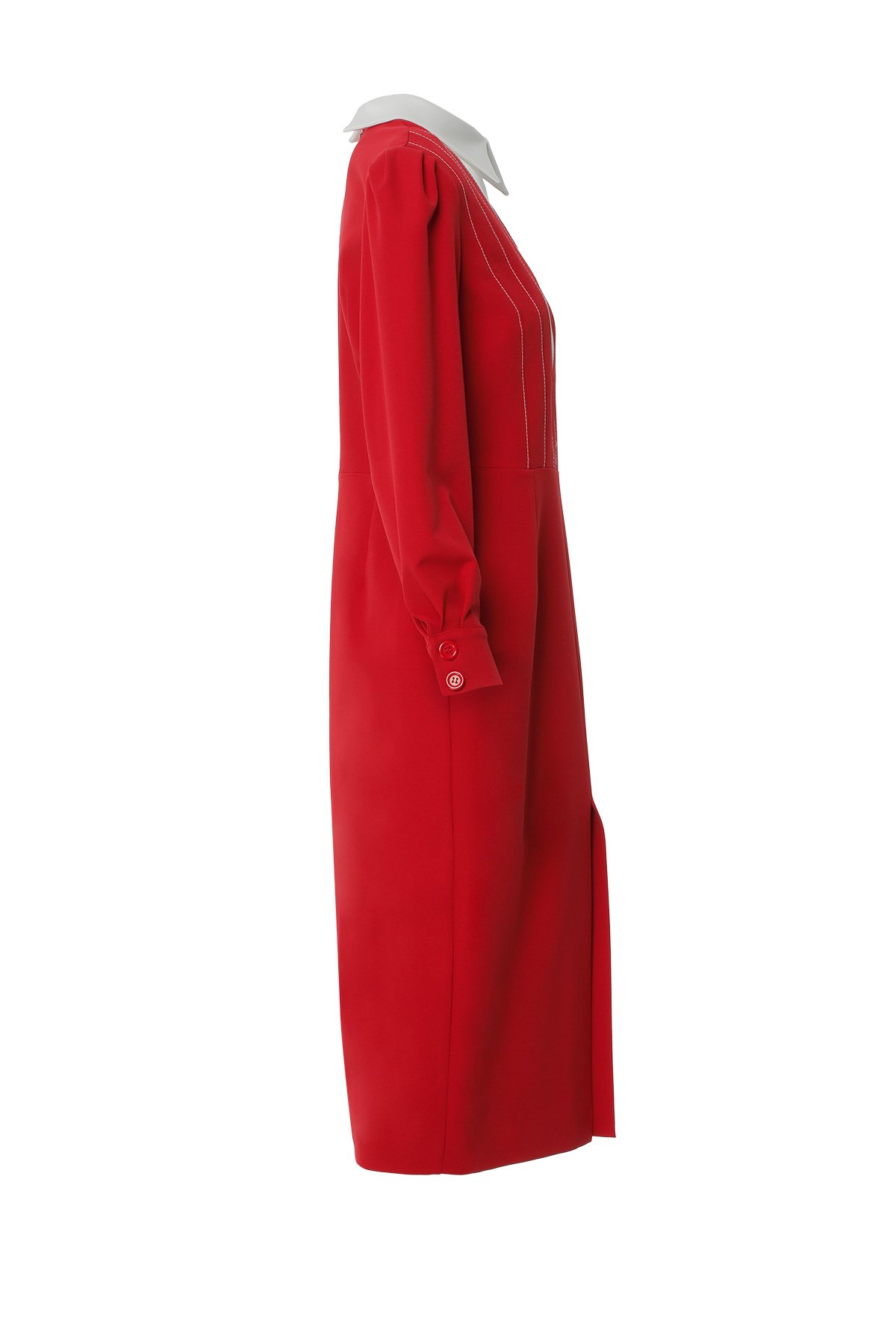 Shirt Collar Detailed Red Midi Dress