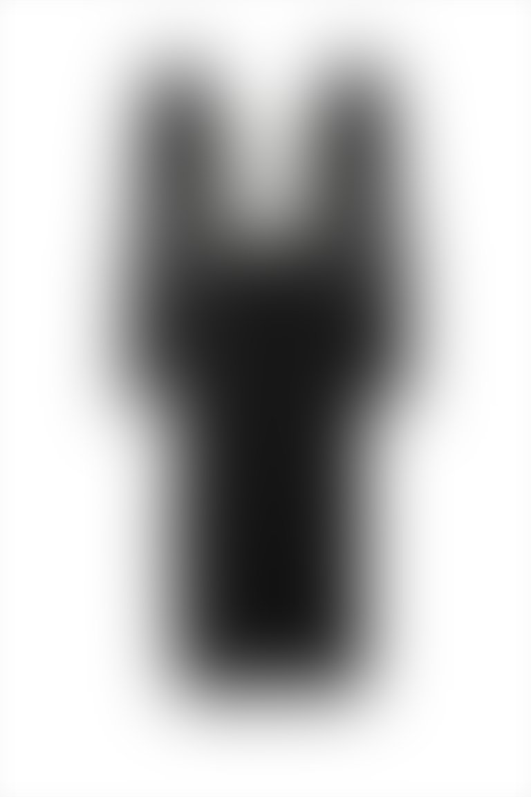 4G CLASSIC - Kare Yaka Yırtmaç Detaylı Midi Siyah Elbise