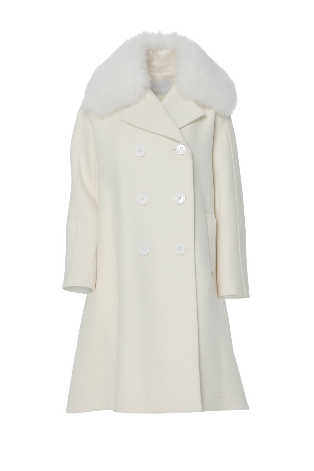 معطف أبيض مزين بفرو على مستوى الرقبة